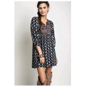 UMGEE Mini Dress TUNIC TOP Boho Artsy AZTEC Women's Size Large Shirt Mixed Media